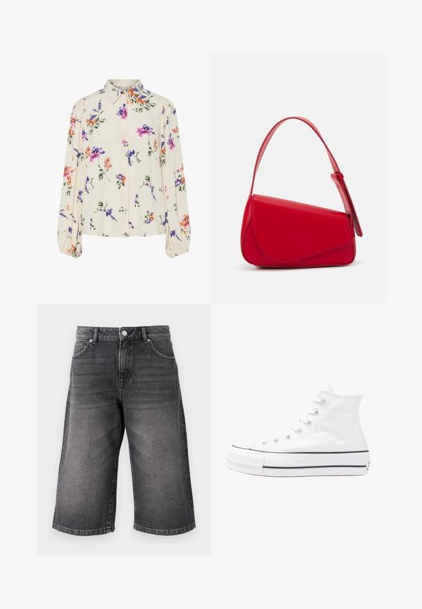 Floral blouse with long puff sleeves, light cream base, featuring purple, orange, and green floral patterns, and classic collar design.; Black denim shorts, loose fit with a mid-rise waist. Features five pockets, a metal button closure, and faded texture for a worn appearance.; White high-top canvas sneaker with black rubber sole, front rubber toe cap, and six eyelets for laces, featuring a clean, minimalist design.; Red leather handbag with an angular, geometric design. Features a single adjustable strap and a flap closure with stitched detailing.