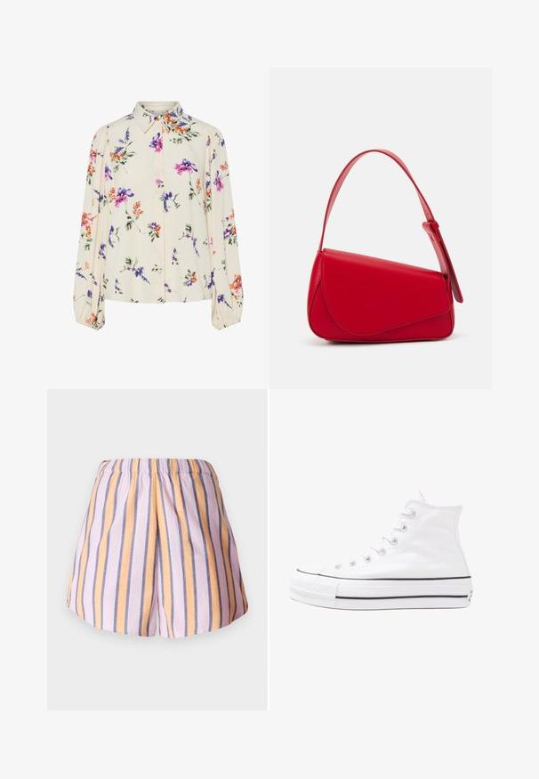 Floral blouse with long puff sleeves, light cream base, featuring purple, orange, and green floral patterns, and classic collar design.; Striped shorts featuring pink, orange, and blue vertical stripes, with an elastic waistband and soft fabric texture.; White high-top canvas sneaker with black rubber sole, front rubber toe cap, and six eyelets for laces, featuring a clean, minimalist design.; Red leather handbag with an angular, geometric design. Features a single adjustable strap and a flap closure with stitched detailing.