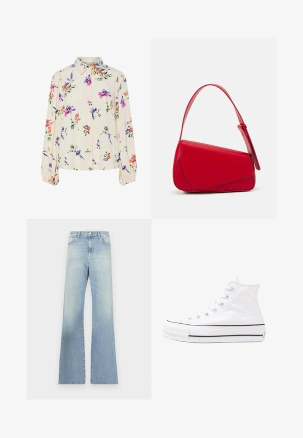 Bluză florală cu mâneci lungi și puff, bază de crem deschis, cu modele florale în nuanțe de violet, portocaliu și verde, și design cu guler clasic.; Jeans largi de culoare albastru deschis, realizati din denim, având talie înaltă, fermoar cu buton și spălare uzată cu variații subtile de textură.; Adidași albi tip pantofi sport cu glezna din pânză, cu talpă din cauciuc negru, capac de vârf din cauciuc frontal și șase ochiuri pentru șireturi, având un design curat și minimalist.; Geantă de mână din piele roșie, cu un design unghiular și geometric. Dispune de o singură curea ajustabilă și un sistem de închidere cu clapetă, cu detalii cusute.