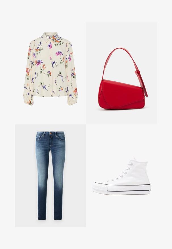 Virágmintás blúz hosszú puffos ujjakkal, világos krém alapon, lila, narancs és zöld virágmintázattal, klasszikus gallér dizájnnal.; Skinny farmer nadrág, amely denim anyagból készült, sötétből világos kék árnyalatú gradienssel. Öt zsebes dizájn cipzárral és fém gombbal. Sima textúra.; Fehér magaskorsó vászon sportcipő fekete gumi talppal, elülső gumi orrnyereggel és hat fűzőlyukkal, letisztult, minimalista dizájnnal.; Piros bőr kézitáska szögletes, geometrikus kialakítással. Egy állítható pánttal és varrott részletekkel ellátott fedélzárral rendelkezik.