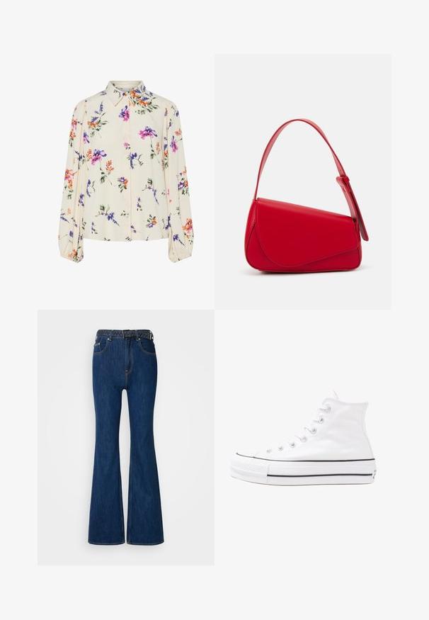 Blouse fleurie à manches bouffantes longues, base crème clair, ornée de motifs floraux violets, oranges et verts, avec un col classique.; Jeans en denim bleu évasés avec une taille haute, des coutures contrastées et une ceinture tissée au design tressé. Texture lisse et style classique.; Baskets montantes en toile blanche avec semelle en caoutchouc noir, capuchon en caoutchouc à l'avant, et six œillets pour les lacets, présentant un design épuré et minimaliste.; Sac à main en cuir rouge avec un design angulaire et géométrique. Il dispose d'une seule sangle ajustable et d'une fermeture à rabat avec un detailing cousu.