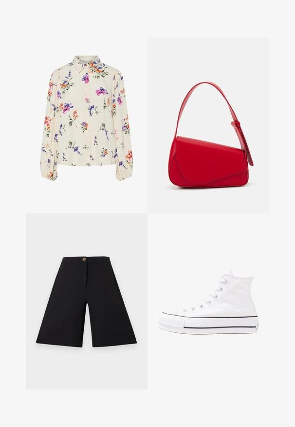 Floral blouse with long puff sleeves, light cream base, featuring purple, orange, and green floral patterns, and classic collar design.; Black wide-leg shorts featuring a smooth texture, a front button closure, and clean lines. Designed without pockets for a sleek appearance.; White high-top canvas sneaker with black rubber sole, front rubber toe cap, and six eyelets for laces, featuring a clean, minimalist design.; Red leather handbag with an angular, geometric design. Features a single adjustable strap and a flap closure with stitched detailing.