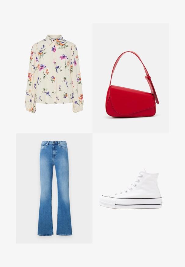 Lille kreemipehme lilleline pluus, millel on pikad puhvli varrukad, millel on lillad, oranžid ja rohelised lillemustrid ning klassikaline kaelus.; Heledad sinised flare-teksad, mis on valmistatud denimist. Omab klassikalist viie-tasku disaini, nööpkinnitust ja pleekinud viimistlust altpoolt.; Valge kõrgem kangast tenniseking, millel on must kummist tald, ees kummist varvasetugi ja kuus aukku paelte jaoks, pakkudes puhta ja minimalistliku disaini.; Punane nahast käekott, millel on nurkadega geomeetriline disain. Omab ühte reguleeritavat rihma ja klappidega sulgemist, millel on õmblustega kaunistused.