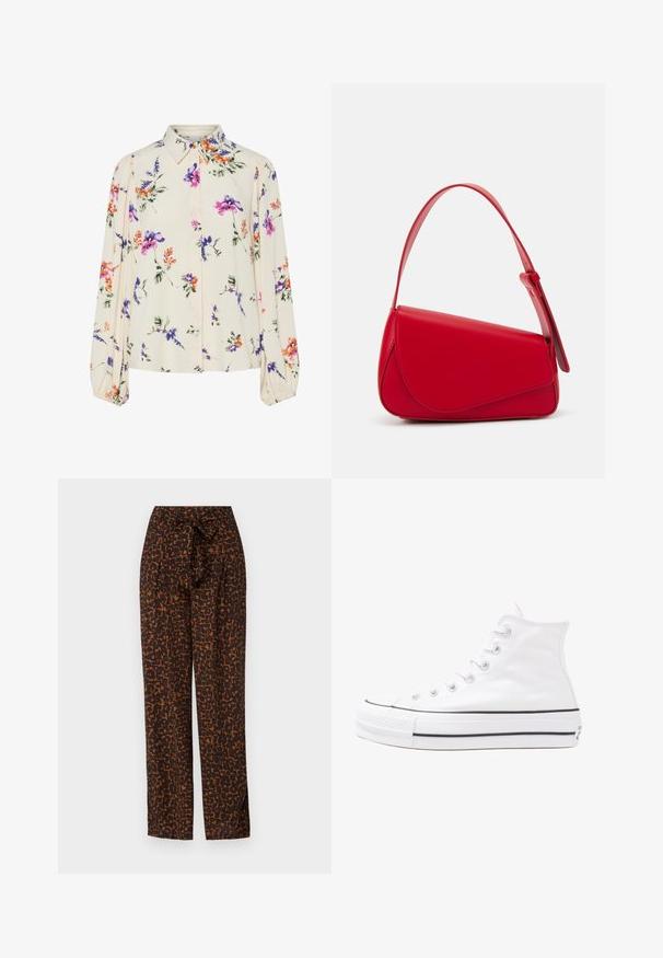 Ziedu blūze ar garām pūkām, gaiši krēmveida pamatne, ar purpursarkanām, oranžām un zaļām ziedu rakstiem, kā arī klasisko apkakles dizainu.; Brūni un oranži rakstaini bikses ar jostu, platguļas dizains, gluda auduma, ar abstraktu leopardu rakstu tekstūru.; Balti augstie kanvas sporta apavi ar melnu gumijas zoli, priekšējo gumijas purngalu un sešām acīm lencēm, kuriem ir tīrs, minimālistisks dizains.; Sarkans ādas rokassomi ar stūrainu, ģeometrisku dizainu. Iekļauj vienu regulējamu siksnu un vāku ar izšūtu detaļu.