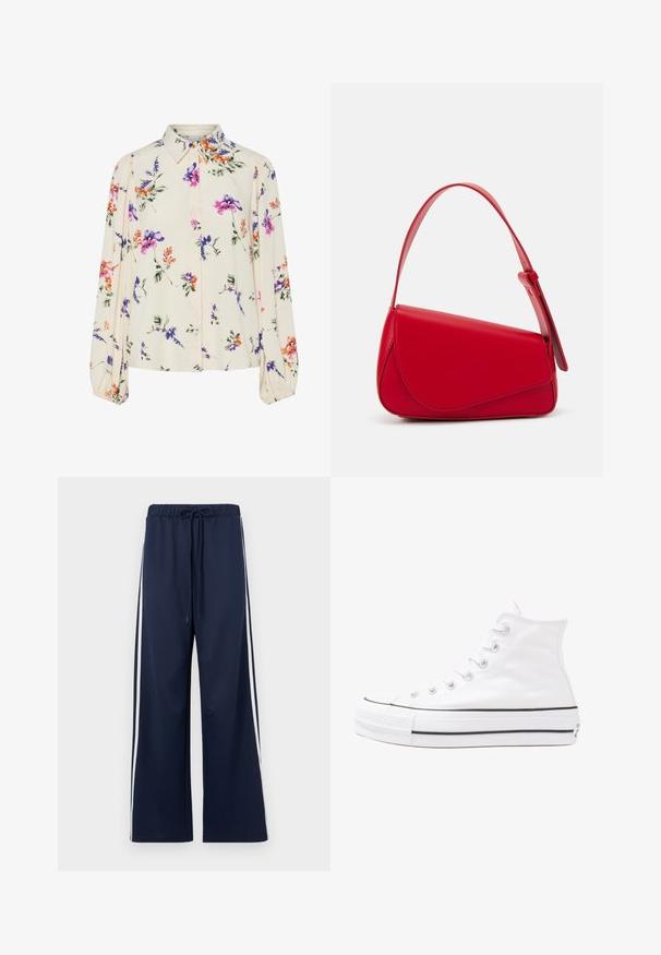 Ziedu blūze ar garām pūkām, gaiši krēmveida pamatne, ar purpursarkanām, oranžām un zaļām ziedu rakstiem, kā arī klasisko apkakles dizainu.; Jūrnieku platās kājas bikses ar elastīgu jostu, stiepjamu detaļu un baltām sānu joslām. Izgatavotas no gluda, viegla auduma.; Balti augstie kanvas sporta apavi ar melnu gumijas zoli, priekšējo gumijas purngalu un sešām acīm lencēm, kuriem ir tīrs, minimālistisks dizains.; Sarkans ādas rokassomi ar stūrainu, ģeometrisku dizainu. Iekļauj vienu regulējamu siksnu un vāku ar izšūtu detaļu.