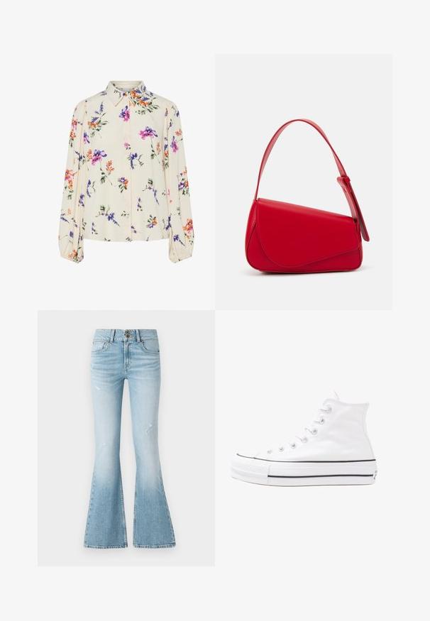 Blusa floral con mangas largas abullonadas, base color crema claro, con patrones florales en púrpura, naranja y verde, y diseño de cuello clásico.; Jeans de mezclilla azul claro acampanados con cintura alta, con un ligero desgaste, cierre de doble botón y un clásico diseño de cinco bolsillos.; Zapatilla de lona alta blanca con suela de goma negra, puntera de goma frontal y seis ojetes para los cordones, que presenta un diseño limpio y minimalista.; Bolso de cuero rojo con un diseño angular y geométrico. Cuenta con una única correa ajustable y un cierre de solapa con detalles de costura.