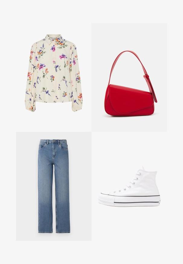 Λουλουδάτη μπλούζα με μακριά φουσκωτά μανίκια, σε απαλό κρέμ χρώμα, που διαθέτει μωβ, πορτοκαλί και πράσινα λουλουδάτα μοτίβα, καθώς και κλασικό σχέδιο γιακά.; Μπλε τζην παντελόνι με ψηλή μέση και ίσια γραμμή. Διαθέτει κλασικό σχέδιο πέντε τσεπών και απαλό ξεθώριασμα μπροστά.; Λευκό ψηλό καμβαδάκι αθλητικό παπούτσι με μαύρη καουτσούκ σόλα, πρόσθιο καουτσούκ καλύμματος δακτύλου και έξι οπές για κορδόνια, με μια καθαρή και μίνιμαλ σχεδίαση.; Κόκκινη δερμάτινη τσάντα χειρός με γωνιακό, γεωμετρικό σχέδιο. Διαθέτει έναν ρυθμιζόμενο ιμάντα και κλείσιμο με καπάκι που έχει ραφές.