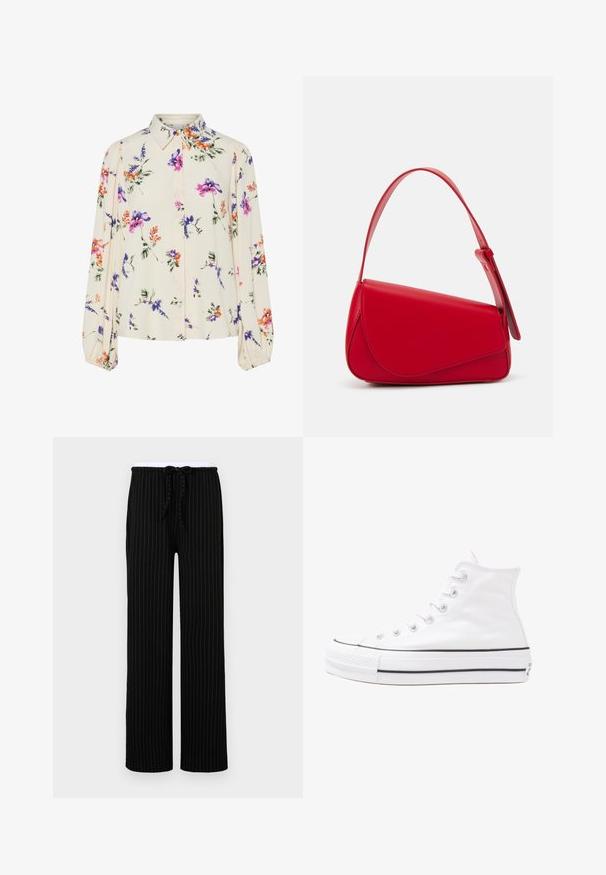 Cvetna bluzica z dolgimi puff rokavi, svetlo smetanaste barve, s purpurnimi, oranžnimi in zelenimi cvetličnimi vzorci ter klasičnim ovratnikom.; Črne hlače s pinstripes vzorcem in sproščenim krojem, z elastičnim pasom in vrvico za zavezovanje, narejene iz mehkega materiala.; Beli visoki platneni športni čevelj z črnim gumijastim podplatom, sprednjim gumijastim zaščitnikom za prste in šestimi luknjicami za vezalke, ki se ponaša s preprostim, minimalističnim dizajnom.; Rdeča usnjena torba z angularnim, geometrijskim dizajnom. Ima en samostoječ nastavljiv ročaj in pokrov, zaprt z zapiranjem, ki je okrašen s šivi.