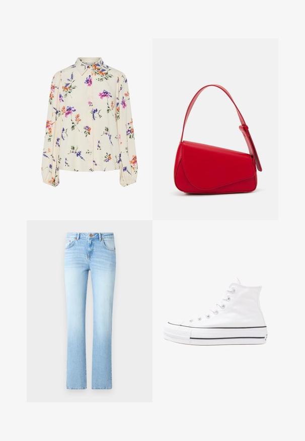 Ziedu blūze ar garām pūkām, gaiši krēmveida pamatne, ar purpursarkanām, oranžām un zaļām ziedu rakstiem, kā arī klasisko apkakles dizainu.; Gaiši zili džinsi ar paplašinātu siluetu, kas aprīkoti ar pogu aizdari, pieciem kabatām un nelielu izbalējuma rakstu.; Balti augstie kanvas sporta apavi ar melnu gumijas zoli, priekšējo gumijas purngalu un sešām acīm lencēm, kuriem ir tīrs, minimālistisks dizains.; Sarkans ādas rokassomi ar stūrainu, ģeometrisku dizainu. Iekļauj vienu regulējamu siksnu un vāku ar izšūtu detaļu.