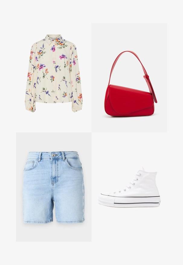 Kvetinová blúzka s dlhými puff rukávmi, svetlovo krémovej farby, so vzormi kvetov v purpurovej, oranžovej a zelenej farbe, a klasickým dizajnom goliera.; Svetlomodré džínsové šortky s vysokým pásom, surovým lemom, piatimi vreckami a dekoratívnym bočným šitím. Vyrobené z bavlnenej látky.; Biele vysoké plátené tenisky s čiernou gumovou podošvou, prednou gumovou špičkou a šiestimi okami na šnúrky, s čistým, minimalistickým dizajnom.; Červená kožená kabelka s ostrým, geometrickým dizajnom. Má jeden nastaviteľný popruh a uzatváranie na klopu so šitím.