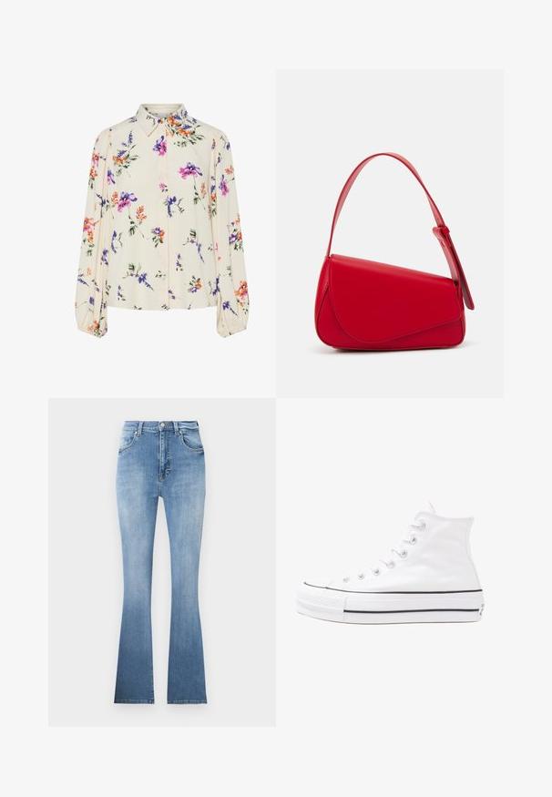 Blusa floral com mangas bufantes longas, base de creme claro, apresentando padrões florais em roxo, laranja e verde, e design de gola clássica.; Calças de ganga flare de azul claro, com cintura alta, bolsos frontais e um desvanecimento subtil até à barra. Apresentam costuras claras.; Sapatilha alta de tela branca com sola de borracha preta, bico de borracha na frente e seis ilhós para os atacadores, apresentando um design limpo e minimalista.; Bolsa de mão em couro vermelho com um design angular e geométrico. Apresenta uma única alça ajustável e um fecho com aba, com detalhes cosidos.