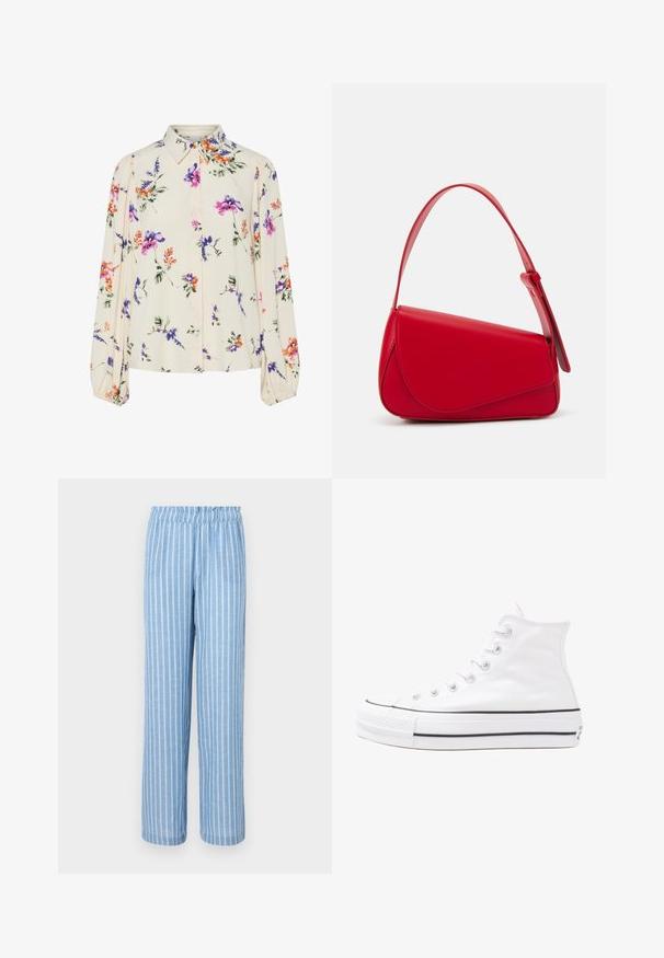 Bloes met bloemenprint en lange pofmouwen, lichte crème basis, met paarse, oranje en groene bloemmotieven, en een klassiek kraagontwerp.; Lichtblauwe gestreepte broek met een elastische tailleband, gemaakt van zachte stof, met verticale witte strepen en een losse pasvorm.; Witte high-top canvas sneakers met een zwarte rubberen zool, een rubberen neuskap aan de voorkant en zes gaatjes voor veters, met een schone, minimalistische uitstraling.; Rode leren handtas met een hoekig, geometrisch ontwerp. Beschikt over een enkele verstelbare schouderriem en een klepclosure met gestikte details.