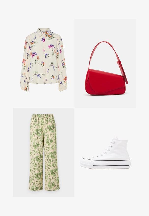 Kukkakuvioinen paita pitkillä puff-hihoilla, vaalean kerma pohja, jossa on violetteja, oransseja ja vihreitä kukkakuoseja sekä klassinen kaulustyyli.; Kukallinen printti leveälahkeiset housut, joissa on joustavyö; vihreitä lehtiä vaaleanbeige taustalla ja teksturoitu kangaspinta.; Valkoiset korkeavartiset kangaskengät mustalla kumipohjalla, edessä kuminen varvasosa ja kuusi nauha-aukkoa, puhtaan minimalistisella muotoilulla.; Punainen nahkalaukku, jossa on kulmikas, geometrinen muotoilu. Varustettu yhdellä säädettävällä hihnalla ja läpällä, jossa on ommeltu yksityiskohtia.