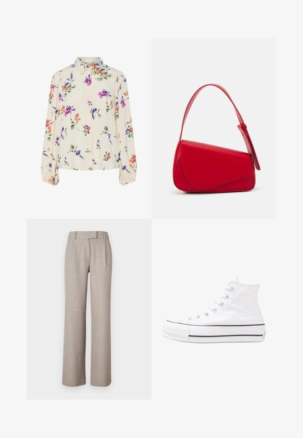 Blomstrete bluse med lange pufferm, lys kremfarge, med lilla, oransje og grønne blomster mønstre, og klassisk kragedesign.; Beige skreddersydde bukser laget av et strukturert stoff, med rett ben-design og frontfolder. Ingen synlig maskinvare eller mønstre.; Hvit høy-skinn kanvas sneakers med svart gummisåle, gummitåhette foran og seks hull for snorer, med et rent, minimalistisk design.; Rød lærveske med en vinklet, geometrisk design. Har en enkelt justerbar stropp og en klaffelukking med sydd detaljer.