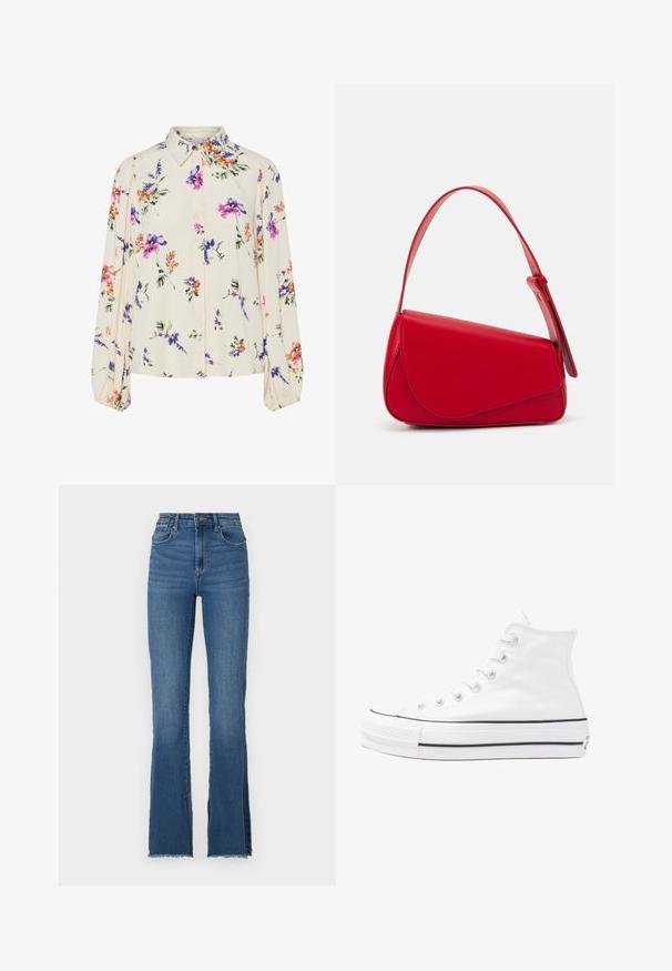 Blusa floral com mangas bufantes longas, base de creme claro, apresentando padrões florais em roxo, laranja e verde, e design de gola clássica.; Jeans de ganga azul flare com uma cintura alta, apresentando uma bainha desfiada e um design de cinco bolsos. Textura suave com desbotamento subtil.; Sapatilha alta de tela branca com sola de borracha preta, bico de borracha na frente e seis ilhós para os atacadores, apresentando um design limpo e minimalista.; Bolsa de mão em couro vermelho com um design angular e geométrico. Apresenta uma única alça ajustável e um fecho com aba, com detalhes cosidos.
