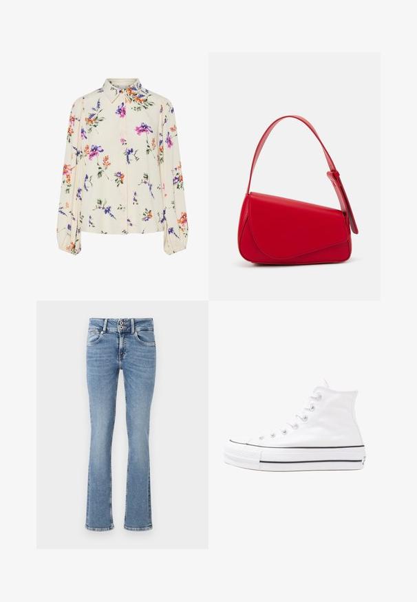 Lille kreemipehme lilleline pluus, millel on pikad puhvli varrukad, millel on lillad, oranžid ja rohelised lillemustrid ning klassikaline kaelus.; Kerge flared sinised teksapüksid keskmise pesu eest, nupuga sulgemine, viie taskuga disain ning õmmeldud detailid taskutel ja servades.; Valge kõrgem kangast tenniseking, millel on must kummist tald, ees kummist varvasetugi ja kuus aukku paelte jaoks, pakkudes puhta ja minimalistliku disaini.; Punane nahast käekott, millel on nurkadega geomeetriline disain. Omab ühte reguleeritavat rihma ja klappidega sulgemist, millel on õmblustega kaunistused.