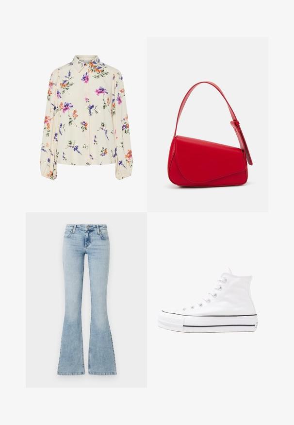 Cvetna bluzica z dolgimi puff rokavi, svetlo smetanaste barve, s purpurnimi, oranžnimi in zelenimi cvetličnimi vzorci ter klasičnim ovratnikom.; Svijetloplavi traper traperice s raširenim nogavicama i srednjim strukom, pet džepova i šivenim detaljima duž šava, s metalnim dugmetom za zatvaranje.; Beli visoki platneni športni čevelj z črnim gumijastim podplatom, sprednjim gumijastim zaščitnikom za prste in šestimi luknjicami za vezalke, ki se ponaša s preprostim, minimalističnim dizajnom.; Rdeča usnjena torba z angularnim, geometrijskim dizajnom. Ima en samostoječ nastavljiv ročaj in pokrov, zaprt z zapiranjem, ki je okrašen s šivi.