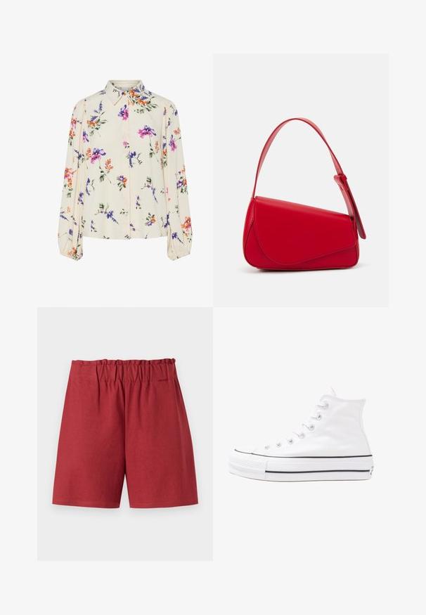Blommig blus med långa puffärmar, ljus krämfärgad bas, med lila, orange och gröna blommönster, samt klassisk krage.; Röda shorts med elastiskt midjeband, med en avslappnad passform och mjuk bomullstextur. Sömmen är rak utan synliga mönster eller accenter.; Vit hög topp canvas sneaker med svart gummisulan, framsidan gummitåhätta och sex öglor för snören, med en ren, minimalistisk design.; Röd läderhandväska med en vinkelrät, geometrisk design. Har ett justerbart axelband och en klaffstängning med sydda detaljer.