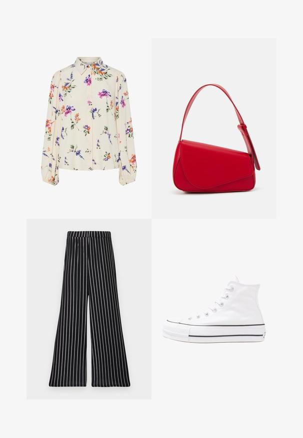 Floral blouse with long puff sleeves, light cream base, featuring purple, orange, and green floral patterns, and classic collar design.; Black and white striped wide-leg pants with an elastic waistband, featuring vertical stripes in a soft, stretchy fabric.; White high-top canvas sneaker with black rubber sole, front rubber toe cap, and six eyelets for laces, featuring a clean, minimalist design.; Red leather handbag with an angular, geometric design. Features a single adjustable strap and a flap closure with stitched detailing.