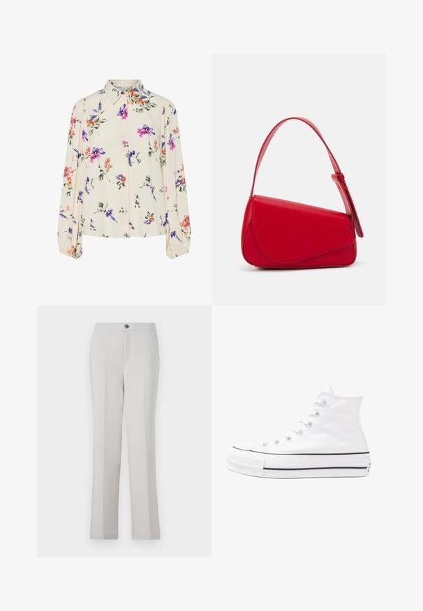 Blomsterbluse med lange puffærmer, lys cremefarvet base, prydet med lilla, orange og grønne blomster mønstre samt klassisk krave design.; Lysegrå lige bukser lavet af glat stof, med frontknaplukning, sidelommer og en skræddersyet pasform.; Hvide høje kanvas sneakers med sort gummisål, gummitåhætte foran og seks øjehuller til snørebånd, der har et rent, minimalistisk design.; Rød læderhåndtaske med et kantet, geometrisk design. Har en enkelt justerbar rem og en klaplukning med syede detaljer.