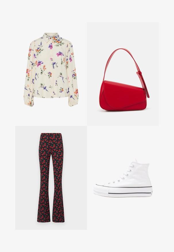 Bloes met bloemenprint en lange pofmouwen, lichte crème basis, met paarse, oranje en groene bloemmotieven, en een klassiek kraagontwerp.; Uitlopende broeken van rekbaar zwart stof met een kersenpatroon in rood en groen. Voorzien van een gladde tailleband en een lichtgewicht textuur.; Witte high-top canvas sneakers met een zwarte rubberen zool, een rubberen neuskap aan de voorkant en zes gaatjes voor veters, met een schone, minimalistische uitstraling.; Rode leren handtas met een hoekig, geometrisch ontwerp. Beschikt over een enkele verstelbare schouderriem en een klepclosure met gestikte details.