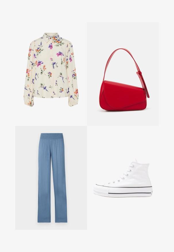 Blusa floreale con maniche puff lunghe, base di un chiaro crema, caratterizzata da motivi floreali in viola, arancione e verde, con un classico design del colletto.; Pantaloni azzurro chiaro a gamba larga con vita arricciata, realizzati in tessuto testurizzato, caratterizzati da una linea dritta e design a lunghezza intera.; Sneaker alta in tela bianca con suola in gomma nera, punta in gomma frontale e sei asole per i lacci, caratterizzata da un design pulito e minimalista.; Borsa a tracolla in pelle rossa con un design angolare e geometrico. Presenta una singola tracolla regolabile e una chiusura a patta con dettagli cuciti.