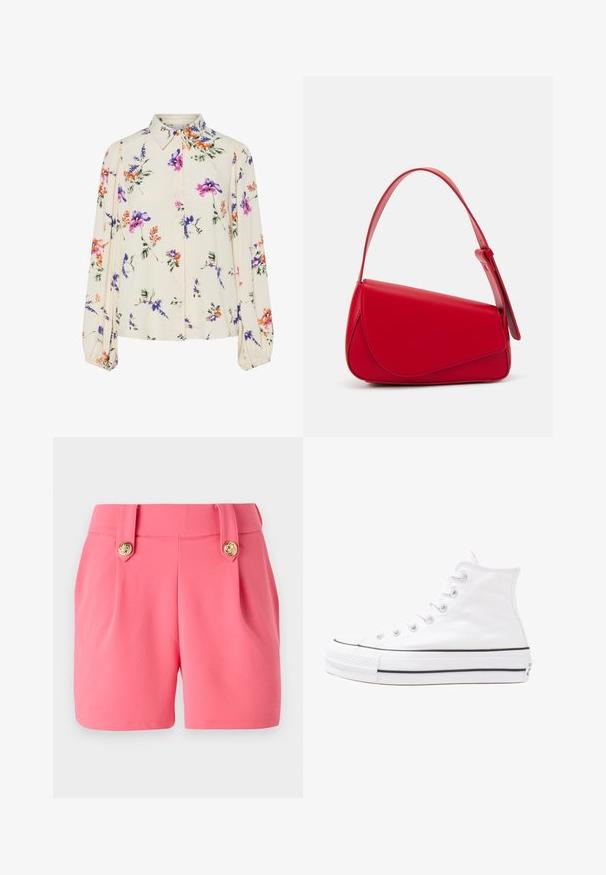 Kvetinová blúzka s dlhými puff rukávmi, svetlovo krémovej farby, so vzormi kvetov v purpurovej, oranžovej a zelenej farbe, a klasickým dizajnom goliera.; Ružové šortky vyrobené z mäkkého materiálu, s dvoma prednými skladmi, detailmi zlatých gombíkov a priliehavým strihom.; Biele vysoké plátené tenisky s čiernou gumovou podošvou, prednou gumovou špičkou a šiestimi okami na šnúrky, s čistým, minimalistickým dizajnom.; Červená kožená kabelka s ostrým, geometrickým dizajnom. Má jeden nastaviteľný popruh a uzatváranie na klopu so šitím.