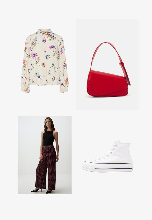 Bloes met bloemenprint en lange pofmouwen, lichte crème basis, met paarse, oranje en groene bloemmotieven, en een klassiek kraagontwerp.; Zwarte mouwloze top met hoge hals, gecombineerd met wijde broek met een rood-wit geometrisch patroon. Zwarte puntige hakken.; Witte high-top canvas sneakers met een zwarte rubberen zool, een rubberen neuskap aan de voorkant en zes gaatjes voor veters, met een schone, minimalistische uitstraling.; Rode leren handtas met een hoekig, geometrisch ontwerp. Beschikt over een enkele verstelbare schouderriem en een klepclosure met gestikte details.