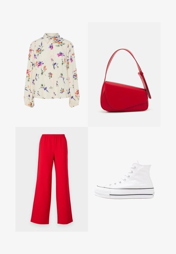 Cvetna bluzica z dolgimi puff rokavi, svetlo smetanaste barve, s purpurnimi, oranžnimi in zelenimi cvetličnimi vzorci ter klasičnim ovratnikom.; Rdeče hlače širokega kroja z elastiko v pasu, narejene iz gladkega, lahkotnega materiala. Oblikovanje ne vsebuje vidne opreme ali vzorcev.; Beli visoki platneni športni čevelj z črnim gumijastim podplatom, sprednjim gumijastim zaščitnikom za prste in šestimi luknjicami za vezalke, ki se ponaša s preprostim, minimalističnim dizajnom.; Rdeča usnjena torba z angularnim, geometrijskim dizajnom. Ima en samostoječ nastavljiv ročaj in pokrov, zaprt z zapiranjem, ki je okrašen s šivi.