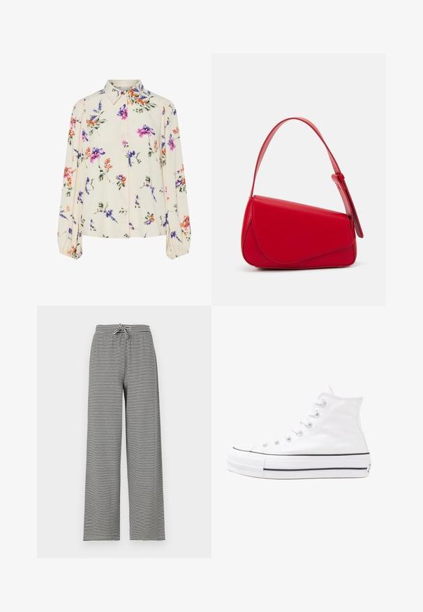 Kvetinová blúzka s dlhými puff rukávmi, svetlovo krémovej farby, so vzormi kvetov v purpurovej, oranžovej a zelenej farbe, a klasickým dizajnom goliera.; Pásikavé čierno-biele široké nohavice s elastickým pásom na šnúrku. Vyrobené z mäkkého materiálu, s vodorovnými prúžkami a voľným strihom.; Biele vysoké plátené tenisky s čiernou gumovou podošvou, prednou gumovou špičkou a šiestimi okami na šnúrky, s čistým, minimalistickým dizajnom.; Červená kožená kabelka s ostrým, geometrickým dizajnom. Má jeden nastaviteľný popruh a uzatváranie na klopu so šitím.