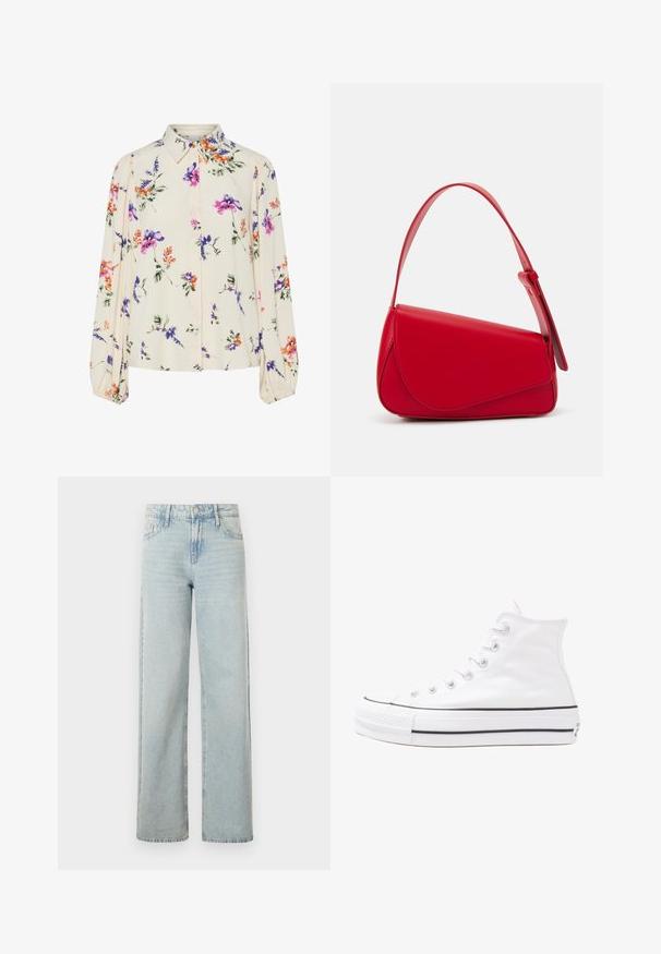 Λουλουδάτη μπλούζα με μακριά φουσκωτά μανίκια, σε απαλό κρέμ χρώμα, που διαθέτει μωβ, πορτοκαλί και πράσινα λουλουδάτα μοτίβα, καθώς και κλασικό σχέδιο γιακά.; Ζαχαρωτά τζιν, ψηλόμεσα, με ίσια γραμμή. Φτιαγμένα από τζιν, διαθέτουν κλασικό σχέδιο πέντε τσεπών και διακριτική φθορά.; Λευκό ψηλό καμβαδάκι αθλητικό παπούτσι με μαύρη καουτσούκ σόλα, πρόσθιο καουτσούκ καλύμματος δακτύλου και έξι οπές για κορδόνια, με μια καθαρή και μίνιμαλ σχεδίαση.; Κόκκινη δερμάτινη τσάντα χειρός με γωνιακό, γεωμετρικό σχέδιο. Διαθέτει έναν ρυθμιζόμενο ιμάντα και κλείσιμο με καπάκι που έχει ραφές.