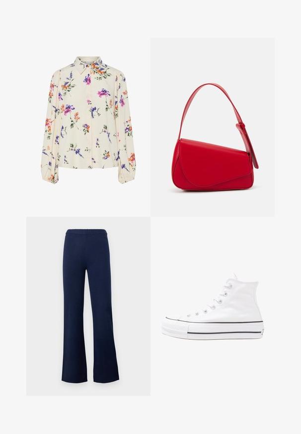 Blouse fleurie à manches bouffantes longues, base crème clair, ornée de motifs floraux violets, oranges et verts, avec un col classique.; Pantalon en maille bleu marine avec taille élastique et jambes larges légèrement évasées sur un fond clair uni.; Baskets montantes en toile blanche avec semelle en caoutchouc noir, capuchon en caoutchouc à l'avant, et six œillets pour les lacets, présentant un design épuré et minimaliste.; Sac à main en cuir rouge avec un design angulaire et géométrique. Il dispose d'une seule sangle ajustable et d'une fermeture à rabat avec un detailing cousu.