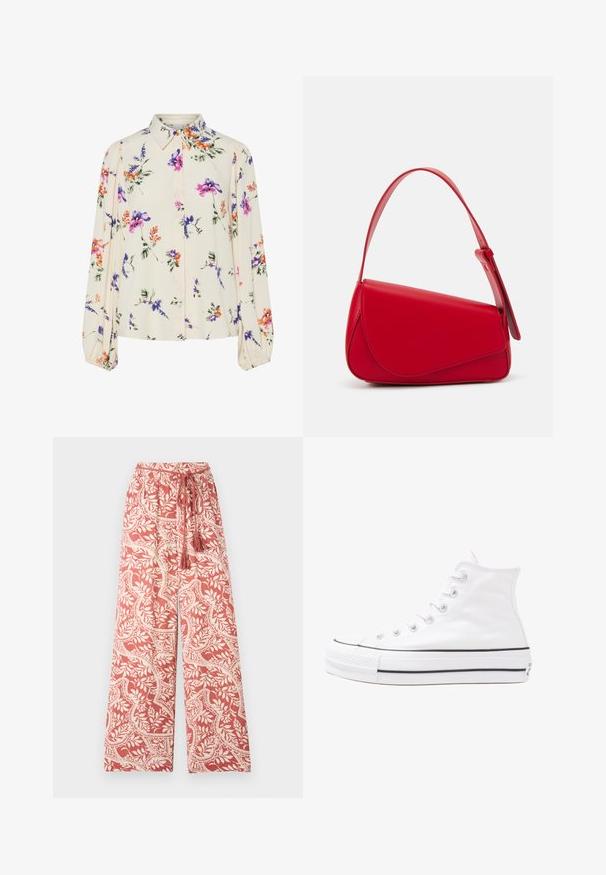 Cvetna bluzica z dolgimi puff rokavi, svetlo smetanaste barve, s purpurnimi, oranžnimi in zelenimi cvetličnimi vzorci ter klasičnim ovratnikom.; Široke hlače iz koralno roza tkanine z belimi botaničnimi vzorci. Imajo elastiko v pasu in nastavljiv vrvico s cofki.; Beli visoki platneni športni čevelj z črnim gumijastim podplatom, sprednjim gumijastim zaščitnikom za prste in šestimi luknjicami za vezalke, ki se ponaša s preprostim, minimalističnim dizajnom.; Rdeča usnjena torba z angularnim, geometrijskim dizajnom. Ima en samostoječ nastavljiv ročaj in pokrov, zaprt z zapiranjem, ki je okrašen s šivi.