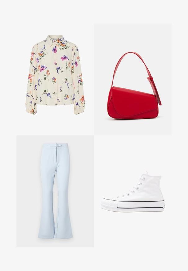 Blusa floral com mangas bufantes longas, base de creme claro, apresentando padrões florais em roxo, laranja e verde, e design de gola clássica.; Calças azuis claras de boca de sino feitas de um tecido suave. Apresentam uma cintura com passador de cinto, dois bolsos na frente e um acabamento limpo na bainha.; Sapatilha alta de tela branca com sola de borracha preta, bico de borracha na frente e seis ilhós para os atacadores, apresentando um design limpo e minimalista.; Bolsa de mão em couro vermelho com um design angular e geométrico. Apresenta uma única alça ajustável e um fecho com aba, com detalhes cosidos.