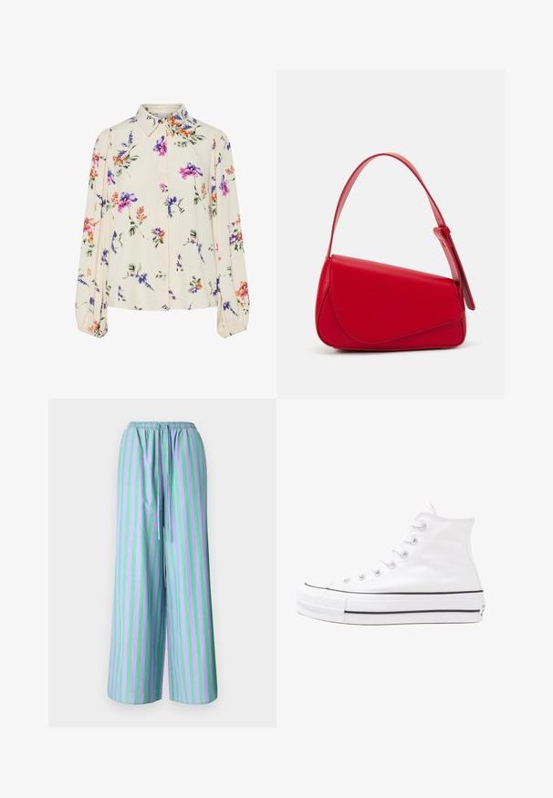 Blomstrete bluse med lange pufferm, lys kremfarge, med lilla, oransje og grønne blomster mønstre, og klassisk kragedesign.; Lette, løse bukser i lilla med grønne vertikale striper. Har elastisk midjebånd og snor detaljer.; Hvit høy-skinn kanvas sneakers med svart gummisåle, gummitåhette foran og seks hull for snorer, med et rent, minimalistisk design.; Rød lærveske med en vinklet, geometrisk design. Har en enkelt justerbar stropp og en klaffelukking med sydd detaljer.