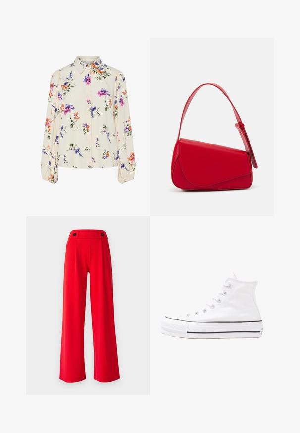 Kvetinová blúzka s dlhými puff rukávmi, svetlovo krémovej farby, so vzormi kvetov v purpurovej, oranžovej a zelenej farbe, a klasickým dizajnom goliera.; Červené široké nohavice s vysokým pásom, s dvoma čiernymi gombíkmi na páse a hladkým, ľahkým materiálom.; Biele vysoké plátené tenisky s čiernou gumovou podošvou, prednou gumovou špičkou a šiestimi okami na šnúrky, s čistým, minimalistickým dizajnom.; Červená kožená kabelka s ostrým, geometrickým dizajnom. Má jeden nastaviteľný popruh a uzatváranie na klopu so šitím.