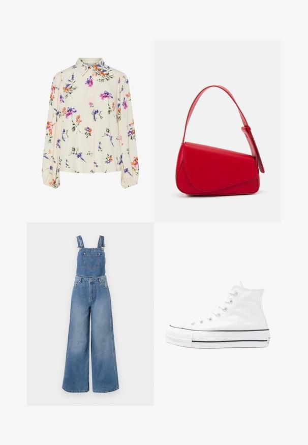 Lille kreemipehme lilleline pluus, millel on pikad puhvli varrukad, millel on lillad, oranžid ja rohelised lillemustrid ning klassikaline kaelus.; Heledad teksad helesinises, millel on laiad jalad, reguleeritavad rihmad, eesmine tasku ja hõbedased tarvikud. Kangas näitab õrna tekstuuri.; Valge kõrgem kangast tenniseking, millel on must kummist tald, ees kummist varvasetugi ja kuus aukku paelte jaoks, pakkudes puhta ja minimalistliku disaini.; Punane nahast käekott, millel on nurkadega geomeetriline disain. Omab ühte reguleeritavat rihma ja klappidega sulgemist, millel on õmblustega kaunistused.