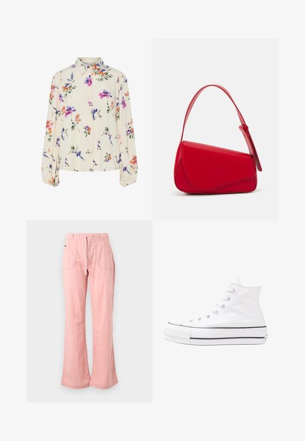 Blommig blus med långa puffärmar, ljus krämfärgad bas, med lila, orange och gröna blommönster, samt klassisk krage.; Ljust rosa, vida byxor gjorda av ett mjukt tyg, med dragsko i midjan, två framfickor och en strukturerad yta.; Vit hög topp canvas sneaker med svart gummisulan, framsidan gummitåhätta och sex öglor för snören, med en ren, minimalistisk design.; Röd läderhandväska med en vinkelrät, geometrisk design. Har ett justerbart axelband och en klaffstängning med sydda detaljer.