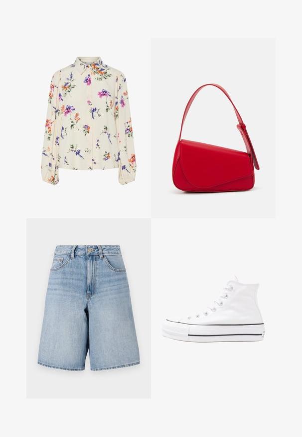 Cvetna bluzica z dolgimi puff rokavi, svetlo smetanaste barve, s purpurnimi, oranžnimi in zelenimi cvetličnimi vzorci ter klasičnim ovratnikom.; Svijetloplave traper kratke hlače s visokim strukom, širokim nogavicama i prednjim džepovima. Imaju gornji gumb i zatvarač. Izdanje s iznošenim izgledom.; Beli visoki platneni športni čevelj z črnim gumijastim podplatom, sprednjim gumijastim zaščitnikom za prste in šestimi luknjicami za vezalke, ki se ponaša s preprostim, minimalističnim dizajnom.; Rdeča usnjena torba z angularnim, geometrijskim dizajnom. Ima en samostoječ nastavljiv ročaj in pokrov, zaprt z zapiranjem, ki je okrašen s šivi.