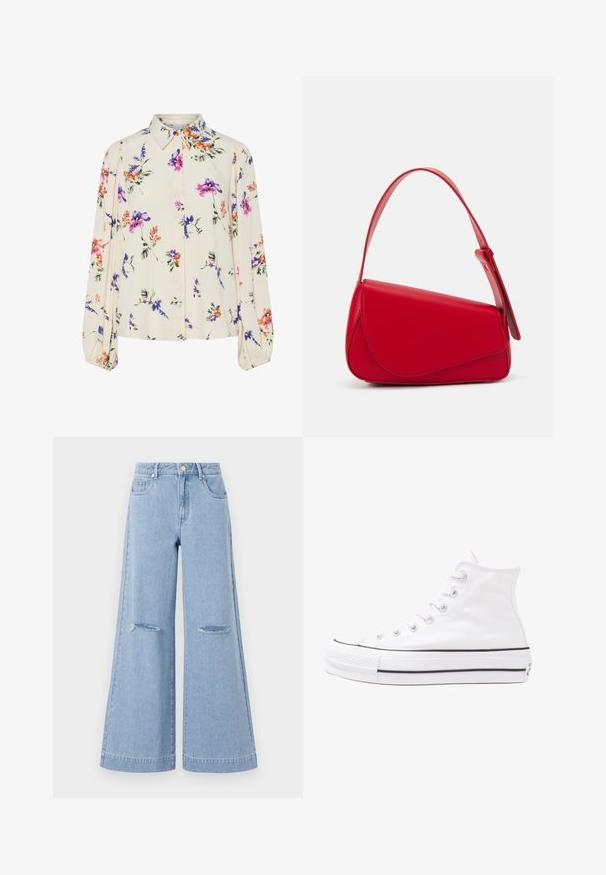 Cvjetna bluza s dugim napuhanim rukavima, svijetlo krem osnova, s ljubičastim, narančastim i zelenim cvjetnim uzorcima, te klasičnim dizajnom ovratnika.; Svijetloplavi široki traperice s visokim strukom, sadrže dva prednja džepa i dva detalja s poderanim koljenima, izrađeni su od traper materijala.; Bijela visoka platnena tenisica s crnom gumenom potplatom, prednjim gumenim zaštitnikom prstiju i šest rupa za vezanje, s čistim, minimalističkim dizajnom.; Crvena kožna torba s kutnim, geometrijskim dizajnom. Ima jedan podesivi remen i preklopni zatvarač sa šivenim detaljima.