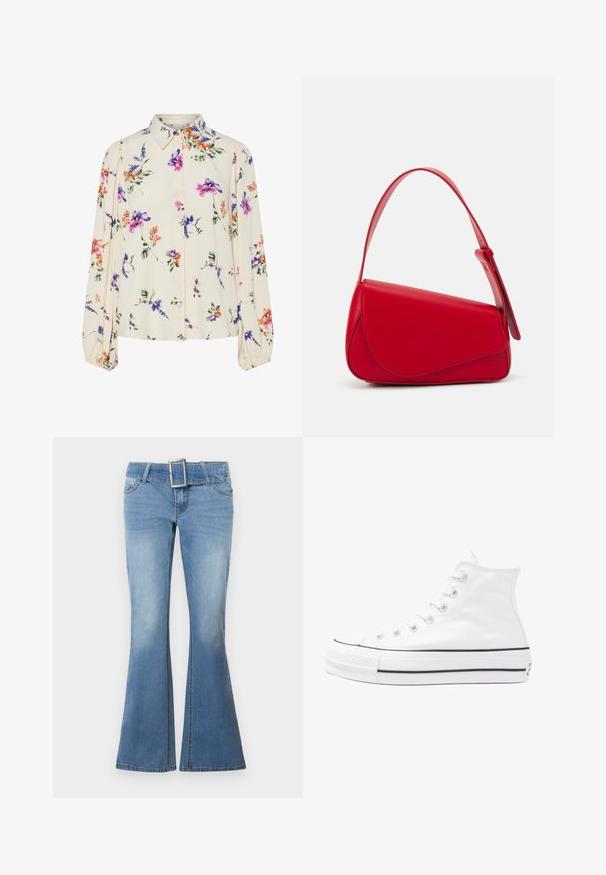 Ziedu blūze ar garām pūkām, gaiši krēmveida pamatne, ar purpursarkanām, oranžām un zaļām ziedu rakstiem, kā arī klasisko apkakles dizainu.; Gaiši zili platās džinsu bikses ar plašu jostu cilpu un lielu, kvadrātisku sudraba sprādzi. Izbalējusi tekstūra pie apakšmalas uzlabo dizainu.; Balti augstie kanvas sporta apavi ar melnu gumijas zoli, priekšējo gumijas purngalu un sešām acīm lencēm, kuriem ir tīrs, minimālistisks dizains.; Sarkans ādas rokassomi ar stūrainu, ģeometrisku dizainu. Iekļauj vienu regulējamu siksnu un vāku ar izšūtu detaļu.