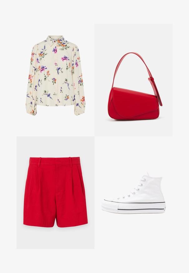 Kukkakuvioinen paita pitkillä puff-hihoilla, vaalean kerma pohja, jossa on violetteja, oransseja ja vihreitä kukkakuoseja sekä klassinen kaulustyyli.; Punaiset pellavashortsit, joissa on korkea vyötärö, etupleatsit, vyölenkit ja sileä pinta. Normaali istuvuus, jossa on siisti, muotoiltu muotoilu.; Valkoiset korkeavartiset kangaskengät mustalla kumipohjalla, edessä kuminen varvasosa ja kuusi nauha-aukkoa, puhtaan minimalistisella muotoilulla.; Punainen nahkalaukku, jossa on kulmikas, geometrinen muotoilu. Varustettu yhdellä säädettävällä hihnalla ja läpällä, jossa on ommeltu yksityiskohtia.