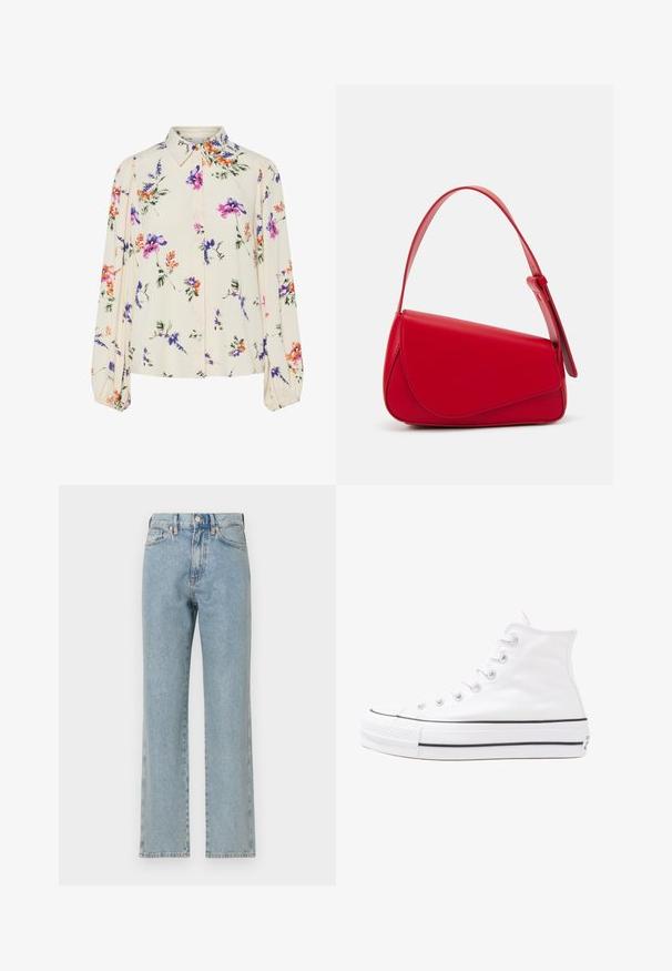 Cvjetna bluza s dugim napuhanim rukavima, svijetlo krem osnova, s ljubičastim, narančastim i zelenim cvjetnim uzorcima, te klasičnim dizajnom ovratnika.; Svijetloplavi traperice s ravnim nogavama, pet džepova, zatvaranjem na dugme i suptilnom teksturom. Nema vidljivih oštećenja ili uzoraka.; Bijela visoka platnena tenisica s crnom gumenom potplatom, prednjim gumenim zaštitnikom prstiju i šest rupa za vezanje, s čistim, minimalističkim dizajnom.; Crvena kožna torba s kutnim, geometrijskim dizajnom. Ima jedan podesivi remen i preklopni zatvarač sa šivenim detaljima.