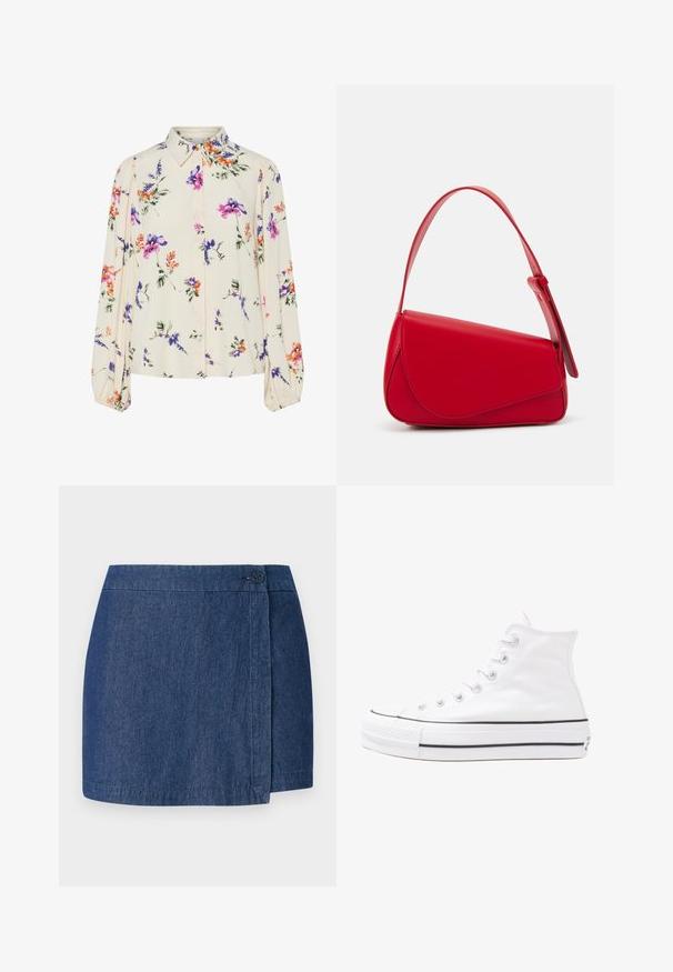 Blusa floral con mangas largas abullonadas, base color crema claro, con patrones florales en púrpura, naranja y verde, y diseño de cuello clásico.; Falda de mezclilla con diseño envolvente, color azul oscuro, que cuenta con un cierre de botón en el lado derecho y un dobladillo recto. Textura suave.; Zapatilla de lona alta blanca con suela de goma negra, puntera de goma frontal y seis ojetes para los cordones, que presenta un diseño limpio y minimalista.; Bolso de cuero rojo con un diseño angular y geométrico. Cuenta con una única correa ajustable y un cierre de solapa con detalles de costura.