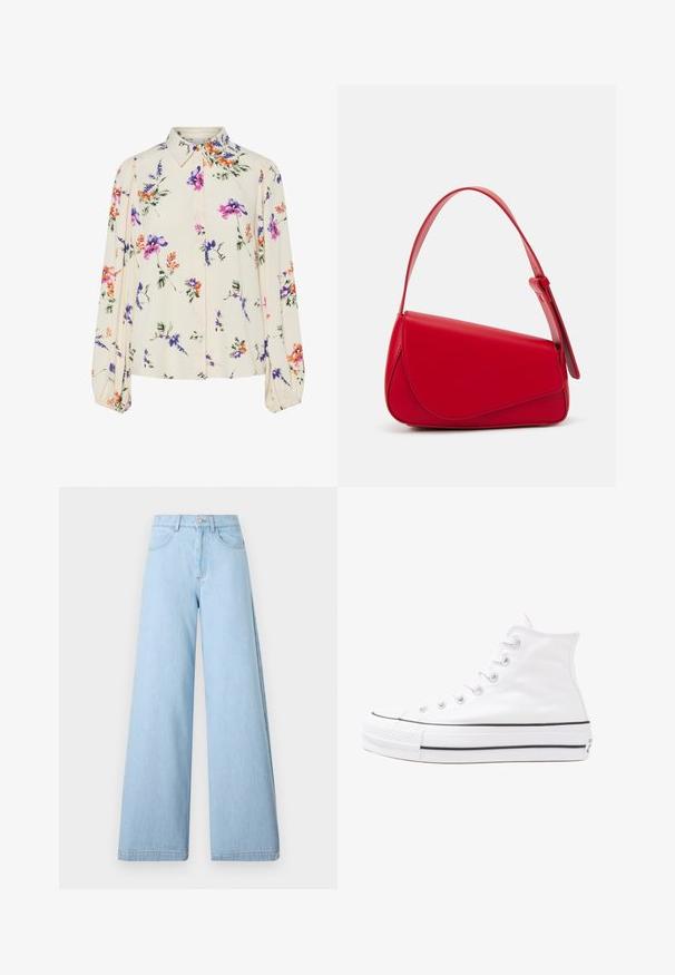 Floral blouse with long puff sleeves, light cream base, featuring purple, orange, and green floral patterns, and classic collar design.; Light blue wide-leg jeans made of denim, featuring a high waist, front pockets, and clean hems with minimal stitching detail.; White high-top canvas sneaker with black rubber sole, front rubber toe cap, and six eyelets for laces, featuring a clean, minimalist design.; Red leather handbag with an angular, geometric design. Features a single adjustable strap and a flap closure with stitched detailing.