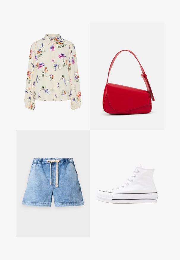 Bluză florală cu mâneci lungi și puff, bază de crem deschis, cu modele florale în nuanțe de violet, portocaliu și verde, și design cu guler clasic.; Șorturi din denim de un albastru deschis, cu un elastic în talie și detalii cu șnur. Dispun de două buzunare laterale și un tiv drept.; Adidași albi tip pantofi sport cu glezna din pânză, cu talpă din cauciuc negru, capac de vârf din cauciuc frontal și șase ochiuri pentru șireturi, având un design curat și minimalist.; Geantă de mână din piele roșie, cu un design unghiular și geometric. Dispune de o singură curea ajustabilă și un sistem de închidere cu clapetă, cu detalii cusute.