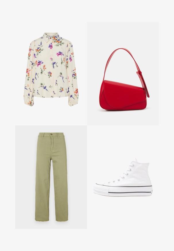Blommig blus med långa puffärmar, ljus krämfärgad bas, med lila, orange och gröna blommönster, samt klassisk krage.; Ljusgröna högmidjade byxor med raka ben. Har en knappstängning och fransat avslut. Tillverkade av bomullstyg med en slät textur.; Vit hög topp canvas sneaker med svart gummisulan, framsidan gummitåhätta och sex öglor för snören, med en ren, minimalistisk design.; Röd läderhandväska med en vinkelrät, geometrisk design. Har ett justerbart axelband och en klaffstängning med sydda detaljer.