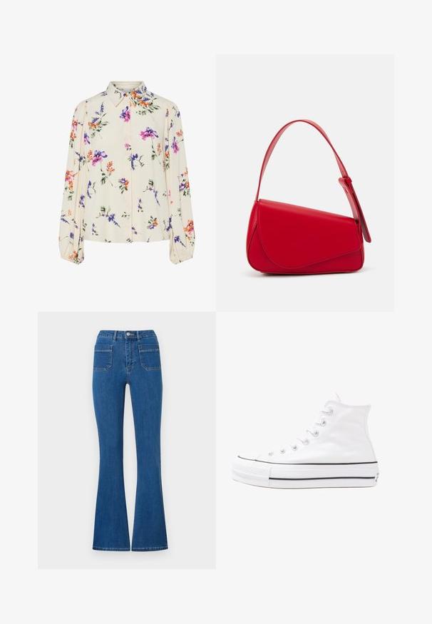 Virágmintás blúz hosszú puffos ujjakkal, világos krém alapon, lila, narancs és zöld virágmintázattal, klasszikus gallér dizájnnal.; Magyaros, magas derekú, trapéz szabású kék farmernadrág. Denim anyagból készült. Két hátsó zseb és fém gombos záródás jellemzi elöl. Tiszta, minimalista dizájn.; Fehér magaskorsó vászon sportcipő fekete gumi talppal, elülső gumi orrnyereggel és hat fűzőlyukkal, letisztult, minimalista dizájnnal.; Piros bőr kézitáska szögletes, geometrikus kialakítással. Egy állítható pánttal és varrott részletekkel ellátott fedélzárral rendelkezik.