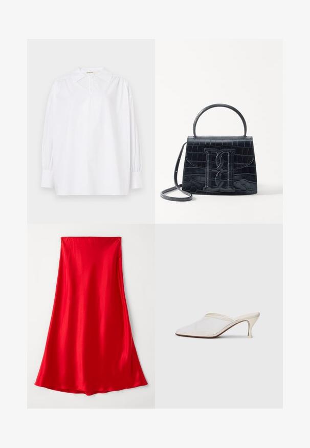 White long-sleeve blouse with a pointed collar, gathered shoulders, buttoned cuffs, and a small button at the neckline.; Red satin skirt with a smooth texture, full length, and a flowing design tapering at the hem. Simple, solid color without embellishments.; White mesh pointed-toe mule with a slim mid-height heel and slip-on design against a plain background.; Black crocodile-embossed leather handbag with a structured design, top handle, adjustable strap, and a prominent front logo detail.