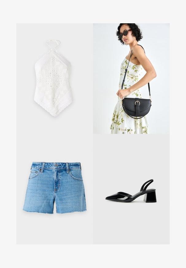 Baltas halter stilius viršus, pagamintas iš tekstūruotos medžiagos, su sudėtingomis nėrinių ir geometrinių išpjovų struktūromis, trikampio formos ir nėrinių apdaila.; Šviesiai mėlyni džinsiniai šortai su nelygiu kraštu, penkių kišenių dizainu ir žalvariniu sagčiu. Lygus paviršius su šiek tiek išblukusia tekstūra.; Juodos lakuotos odinės šlepetės su smailiu pirštu ir geometriniu bloko kulnu. Turi elegantišką, minimalistinį dizainą ir lygų paviršių.; Juodas odinis krepšys su išlenkta forma, nuimamu dirželiu ir auksiniais detalėmis. Krepšys turi kilpą su sagtimi.